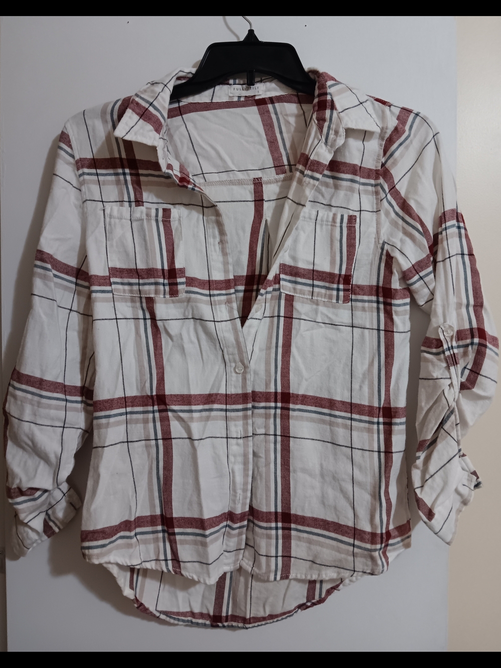 Full Tilt Cream and Burgundy Plaid Button-Down Shirt